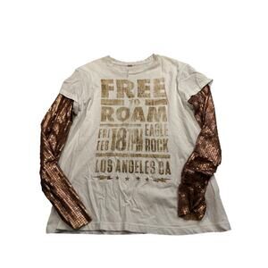 Women’s Free People Free to Roam White TShirt Sequined Sleeves XS